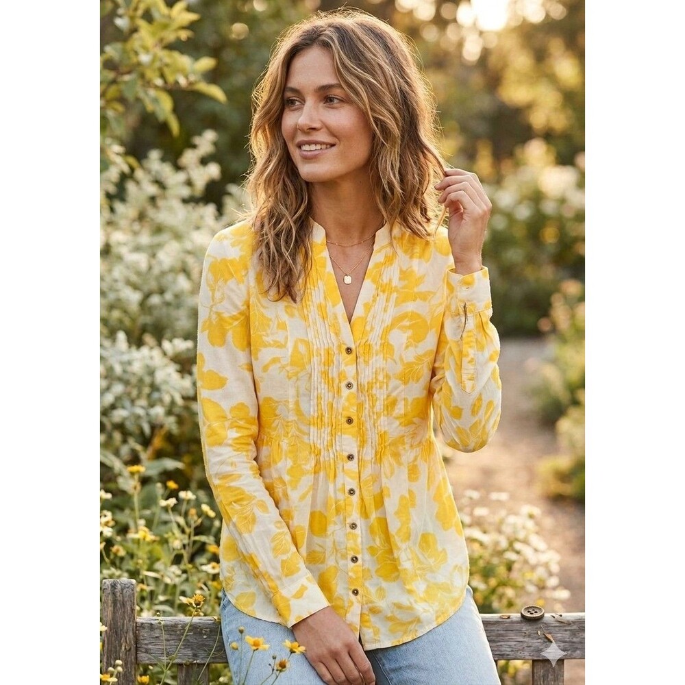 Anthropologie By Maeve Blouse Pintucked Buttondown Yellow & White Floral Print 2